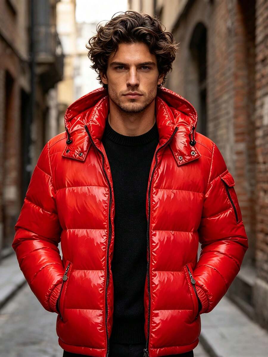 Glossy Puffer Jacket Men Quilted Insulated Jacket Zip Up Padded Coat Warm Down Jacket Casual Winter Jacket Outwear - Red - View 1