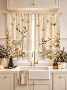 2Pcs Christmas Holiday Curtains, Champagne Gold Deer & Snow Landscape Print Pattern Curtains, Warm Atmosphere Semi-Sheer Rod Pocket Window Decor, Suitable For Living Room And Bedroom, Rod Not Included, Machine Washable - Multicolor - View 9