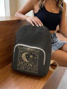 1PC Kitten‑Print Women Mini Backpack, Corduroy Girl School Bag, Travel Storage Bag, Large Capacity Foldable Lightweight Backpack, Multi‑Pocket Layered Design With Zipper Closure - Moon Kitten 22485 - View 4