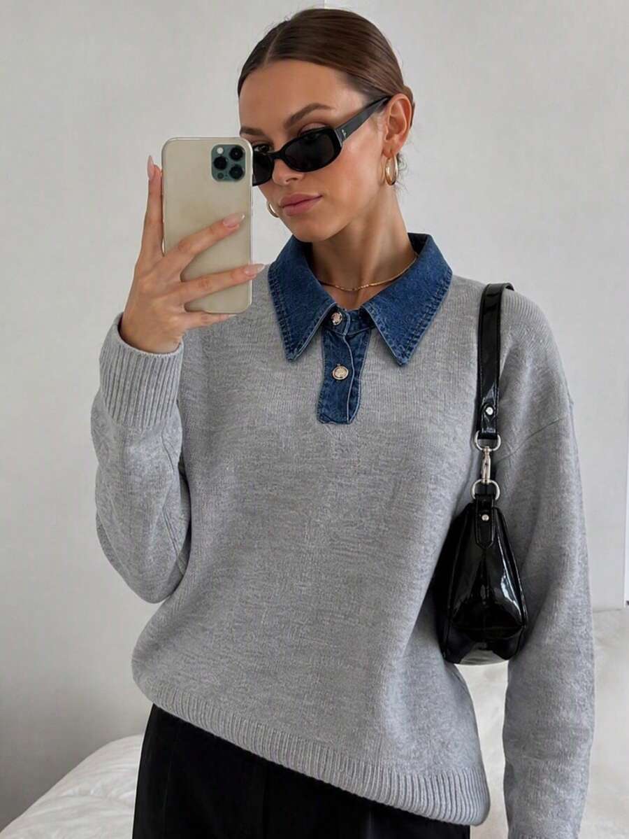 Wixra Denim Collar Patchwork Long Sleeve Knit Sweater, Button Polo Neck Drop Shoulder Loose Casual Knit Top For Fall - Grey - View 1