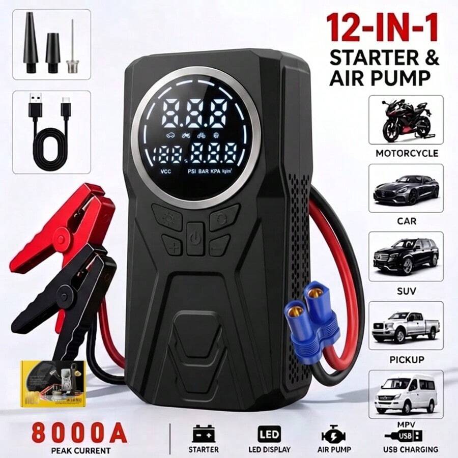 Car Battery Jump Starter With Air Compressor 160PSI, Car Jumper Starter Portable , 12V Jump Box Car Battery With 600LM Light, Jumper Cables, Large LCD Display, Power Bank