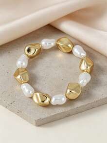1PC Chunky Gold Stacking Bracelets & Large Oval Faux Pearl Statement Ring, Modern Irregular Curved Open Cuff Bangle Jewelry - Yellow Gold - View 10