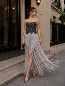 VIPGIRL Silver Navy Beaded Corset Fringe Maxi Dress Strapless Rhinestone Lace Up Tassel Overlay Bodycon Mini Evening Prom Cocktail Birthday Party Dress - Royal Blue - View 1