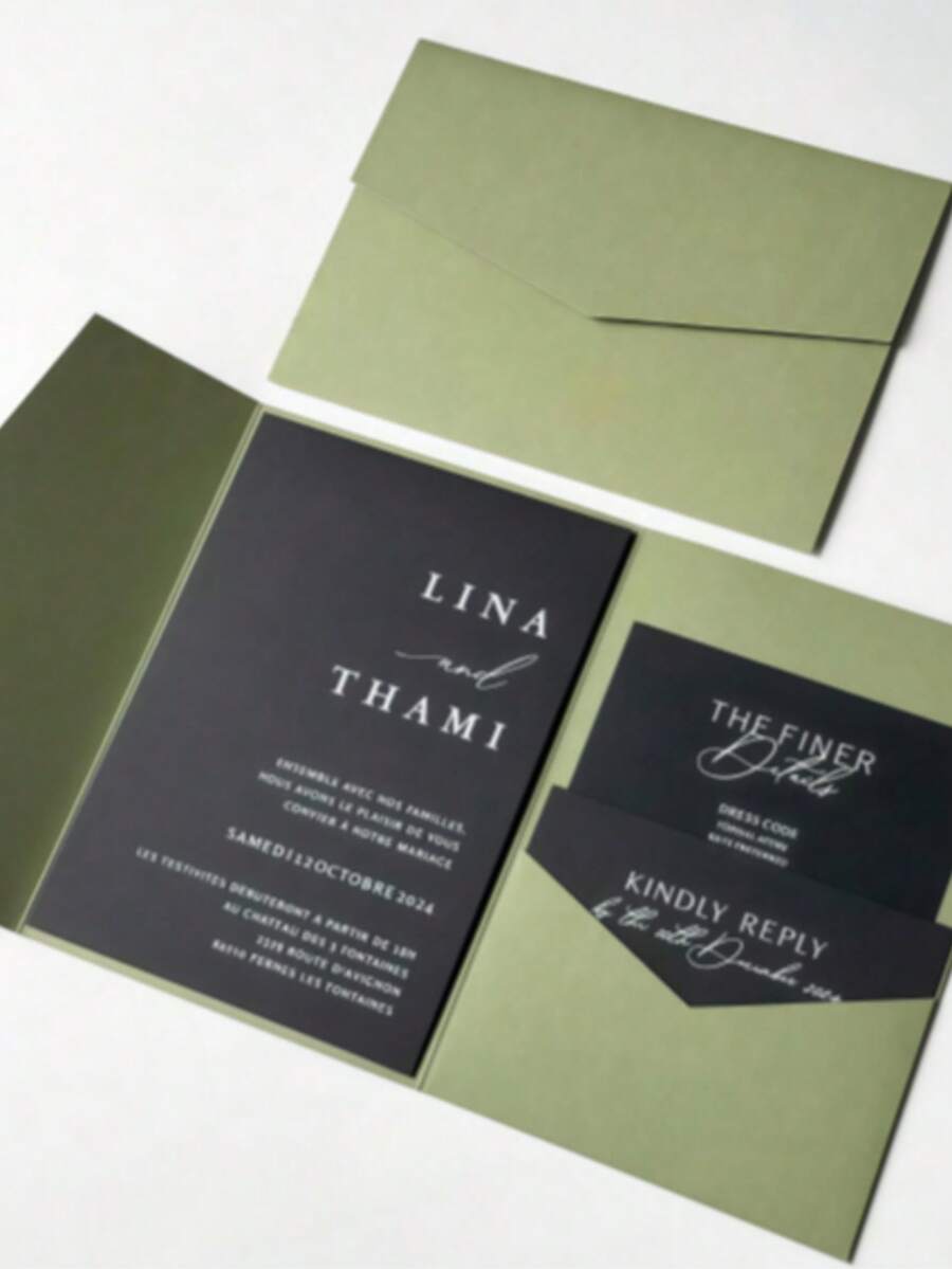 Tri-Fold Pocket Wedding Invitation Sleeves, Simple Invitation Envelopes For Engagement, Baptism, Etc., DIY Invitations, Invitations, Pocket Invitations, Custom Invitations, Christmas Cards - Green - View 1
