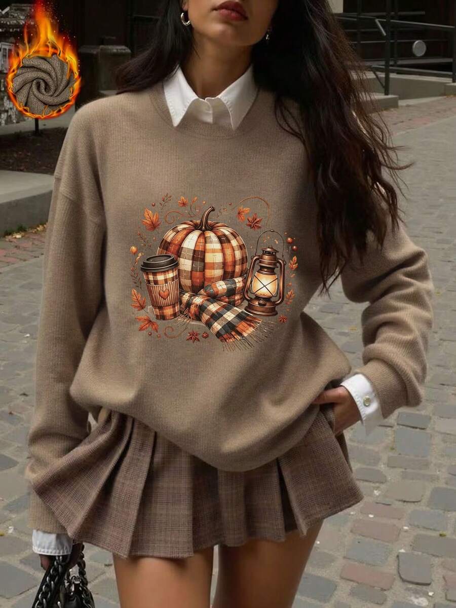 Plus Size Women Plaid Pumpkin Coffee Lantern Autumn Leaf Pattern Print Loose Crew Neck Pullover Sweater - Earth Gray - View 1