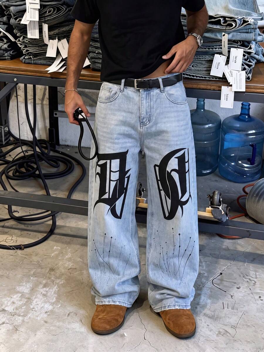 Men's Light Wash Baggy Jeans, Gothic Large Letter Print Splatter Design Denim Pants, Loose Streetwear Style Long Pants Suitable For Daily - Light Wash - View 1