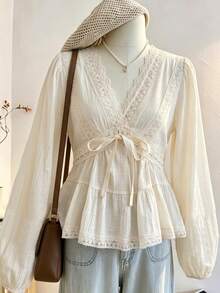 Women's Lace Patchwork V-Neck Fashion Versatile Daily Wear Top - Apricot - View 2