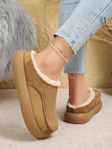 Sandal Wanita Warna Polos Bahan Suede Imitasi dengan Sol Tebal dan Ujung Tertutup, Sepatu Selop Ujung Bulat, Sandal dengan Hiasan Bulu Imitasi Warna Beige - Khaki - View 4