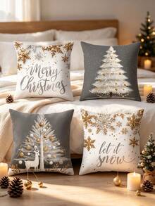 Christmas Decorative Pillow Covers (4pcs/1pc), Grey And White Background With Christmas Tree, Reindeer And Gold Snowflake Pattern, Suitable For Sofa Or Bedroom, Size 18x18 Inches, Made Of Soft, Durable And Fade-Resistant Fabric, Machine Washable (Pillow Insert Not Included) - Multicolor - View 4