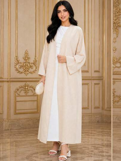 1pc Elegant Women's Long Abaya, Long Sleeve Design, Decorated With Embroidery Details, Made Of Non-Stretch Woven Fabric, Ideal For Autumn