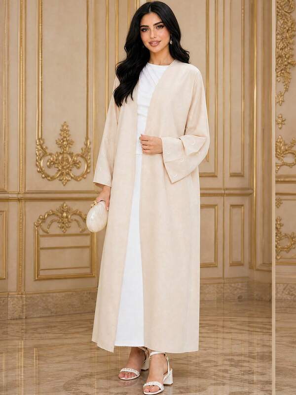 1pc Elegant Women's Long Abaya, Long Sleeve Design, Decorated With Embroidery Details, Made Of Non-Stretch Woven Fabric, Ideal For Autumn