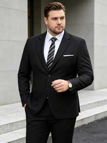 Men's Plus Size Solid Color Elegant Slim Fit Single-Breasted Blazer, Wedding Party Ball Business Formal Suit Set, Black - Black - View 9