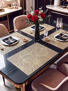 2-12pcs Gold Leaf Placemats, PVC Material Minimalist Style Foil Stamped Vase Mat, Washable, Easy To Clean, Wipeable, Non-Slip, Heat Resistant, Table Mat, Suitable For Room Decor, Home Table Decor, Home Decoration, Ideal For Holidays, Parties, Birthdays, Weddings And Dinner Parties - Multicolor - View 1