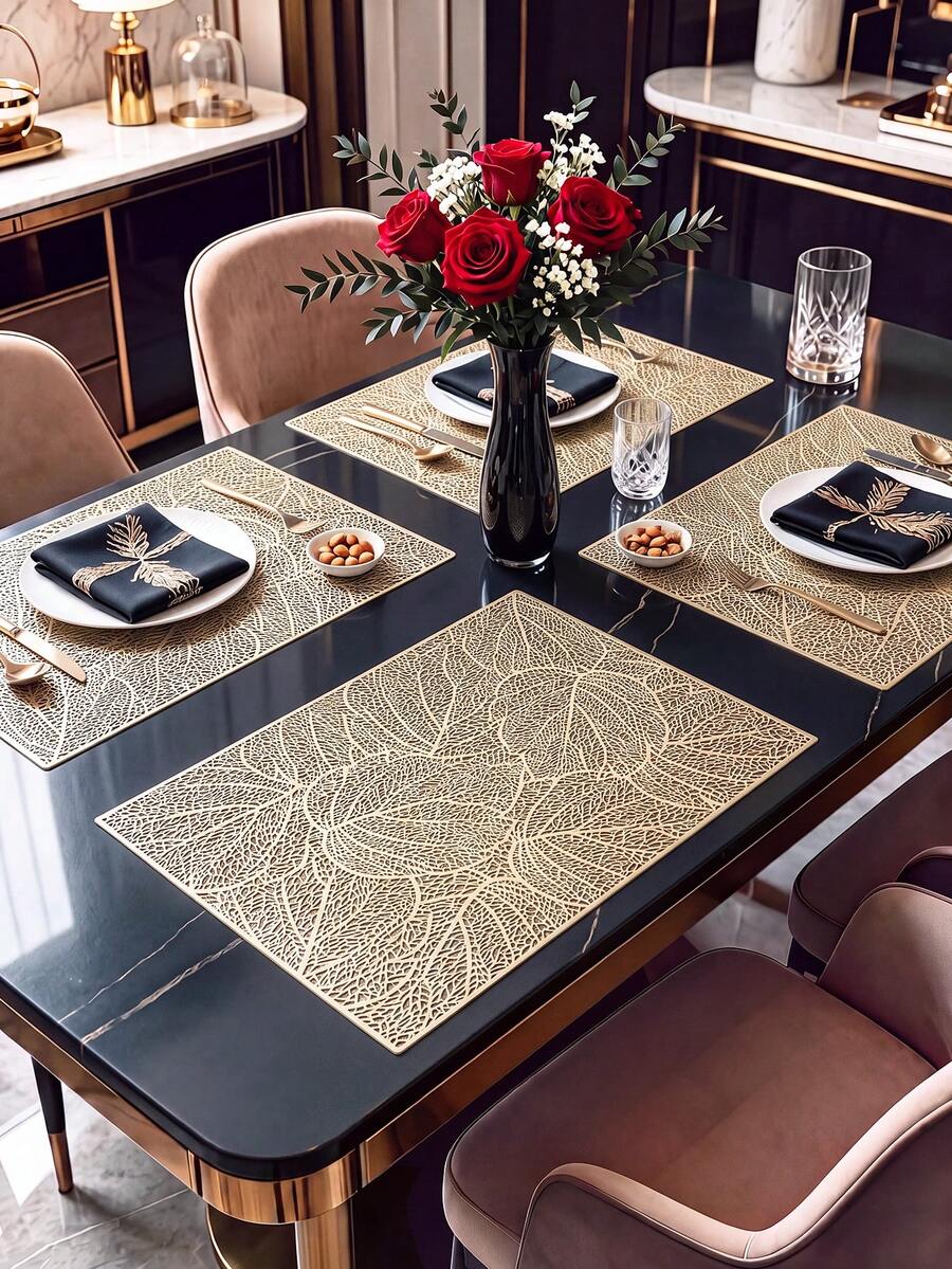 2-12pcs Gold Leaf Placemats, PVC Material Minimalist Style Foil Stamped Vase Mat, Washable, Easy To Clean, Wipeable, Non-Slip, Heat Resistant, Table Mat, Suitable For Room Decor, Home Table Decor, Home Decoration, Ideal For Holidays, Parties, Birthdays, Weddings And Dinner Parties - Multicolor - View 1