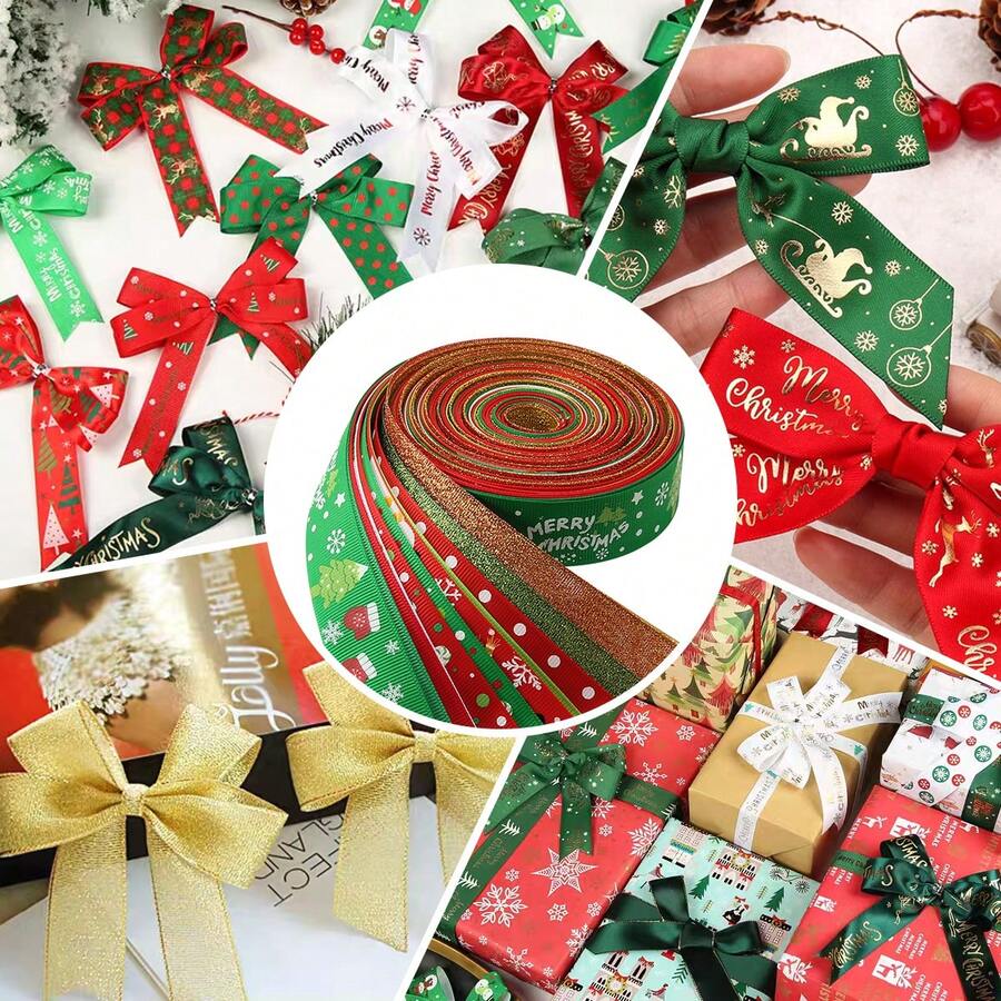 10pcs Christmas Gift Wrapping Ribbons, Random Patterns, Snowflake Deer Christmas Tree Pattern Woven Ribbon, Christmas Tree Wreath Decoration Bow Pendant, Gift Box Packaging Ribbon, Party Decoration Colorful Ribbon,