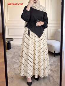 Women's Asymmetrical Hem Long Sleeve Top And Polka Dot Print Maxi Skirt Arabic Outfit Set - Multicolor - View 4