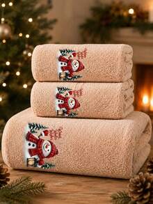 1pc/3pcs-Christmas Theme Printed Towel Set, Multiple Patterns Available, Lantern Snowman Holiday Print, Thickened Coral Fleece Fabric, Fluffy And Soft, Absorbent And Quick-Drying, Lint-Free. Classic Christmas Color Scheme With Strong Atmosphere, Suitable For Bathroom Daily Bathing, Kitchen Hand Wiping, Can Be Used As Christmas Home Decor And Holiday Gift. - Khaki - View 1