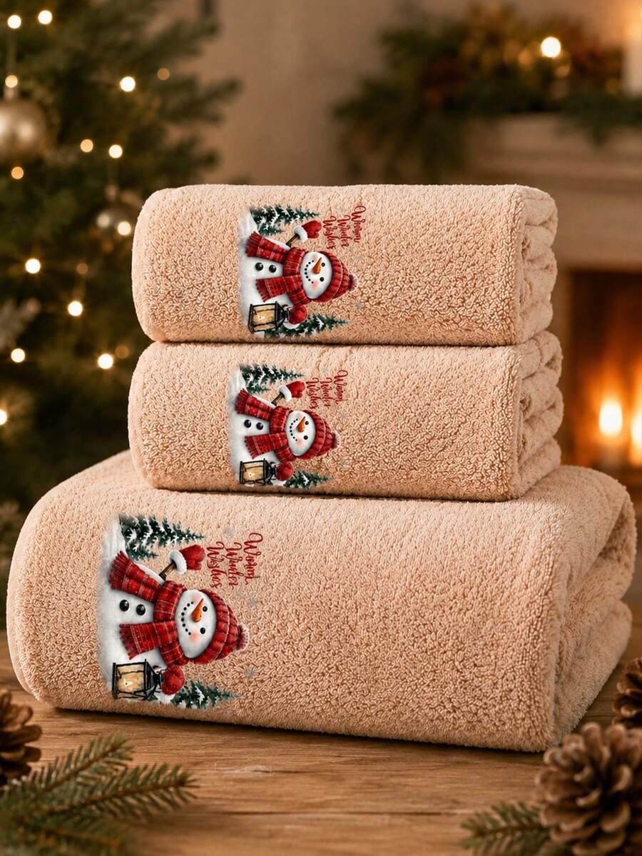 1pc/3pcs-Christmas Theme Printed Towel Set, Multiple Patterns Available, Lantern Snowman Holiday Print, Thickened Coral Fleece Fabric, Fluffy And Soft, Absorbent And Quick-Drying, Lint-Free. Classic Christmas Color Scheme With Strong Atmosphere, Suitable For Bathroom Daily Bathing, Kitchen Hand Wiping, Can Be Used As Christmas Home Decor And Holiday Gift. - Khaki - View 1