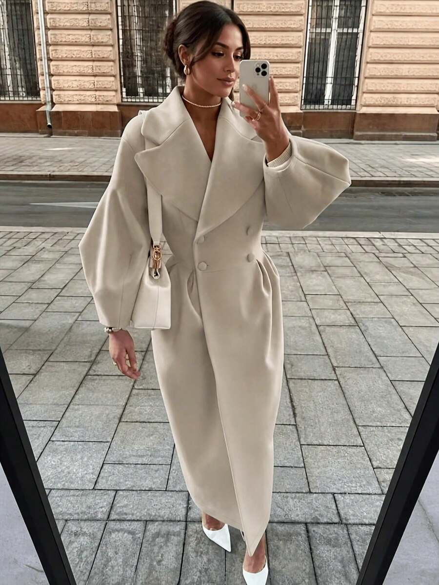 Mantel Panjang Wanita Warna Beige, Jaket Panjang Hangat Musim Dingin Berkancing Ganda, Mantel Panjang Selutut Longgar Kelas Atas, Cocok Untuk Bepergian, Kencan, Serbaguna - Aprikot - View 1