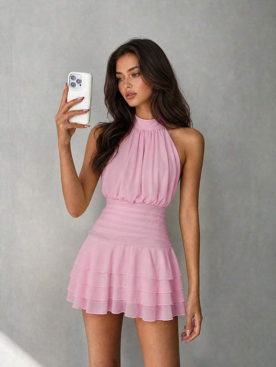 Elegant Pink Halter Neck Backless Mini Dress With Layered Ruffle Design, Suitable For Summer Party, Beach Vacation, Holiday And Graduation Wedding - Pink - View 1