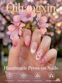 10pcs Handmade Press On Nails Short,Hand-Painted 3D Flower Nails,White French Pink Ombre Craft, Hand-Painted Mermaid 3D Drops With Gold Steel Beads,Fall Nails,Pink Nails,Short Nails,Oval Nails,False Nails,Suitable For Daily Wear And Holiday Gifts - Pink - View 3