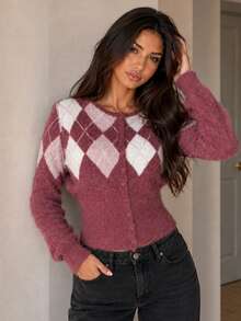 Apperloth A Vintage Knit Cardigan Sweater Argyle Round Neck Button Front Tight Hem Long Sleeve Fitted Crop Tops Fall Clothes Casual Going Out Christmas Outfit - Red - View 1