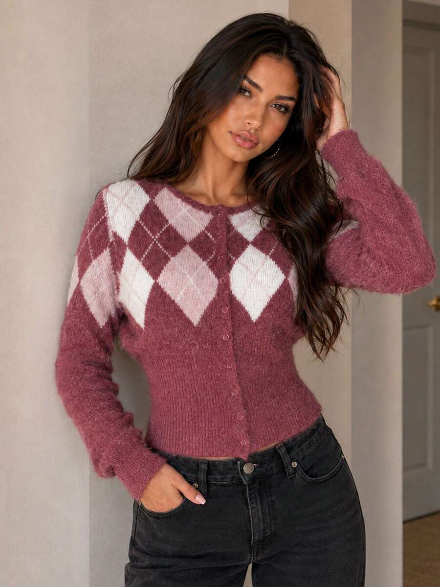 Apperloth A Vintage Knit Cardigan Sweater Argyle Round Neck Button Front Tight Hem Long Sleeve Fitted Crop Tops Fall Clothes Casual Going Out Christmas Outfit - Red - View 1