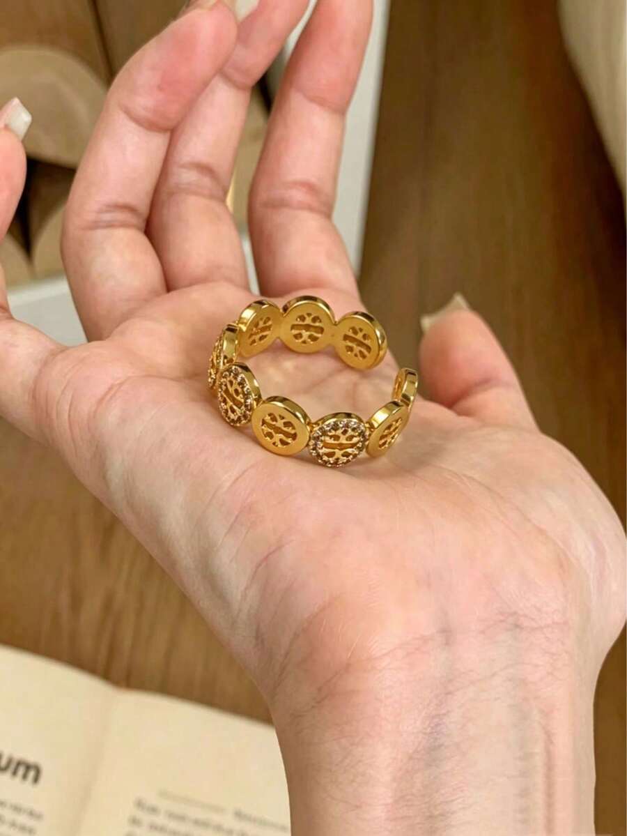 rundraw 1 chiếc nhẫn logo tròn rỗng đính đá rhinestone, thiết kế ngách tinh xảo, phong cách tối giản sang trọng thời trang Âu Mỹ cho dân công sở - Vàng - Xem 1