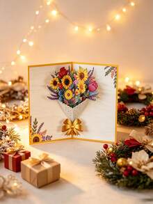 Custom 3D Floral Design, Foldable Premium Paper Art, Holiday Greeting Card, Suitable For Family, Relatives And Friends, Desktop Decor, Holiday Commemorative Gift, Used For Holiday Greetings - Single Piece - View 2