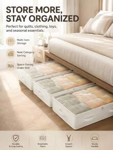 3Pcs White Foldable Underbed Storage Boxes And Wardrobe Organizer Boxes, With Excellent Functionality And Versatility, Can Be Used To Store Blankets, Skirts, Quilts, Pillows, Clothes And Other Items, Saving Space For Underbed Storage - Multicolor - View 3