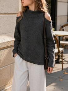 Women's And Girls' Fashion Off-Shoulder Long Sleeve Sweater, Mid-High Neck Pullover, Suitable For Autumn/Winter Wear - Black - View 1