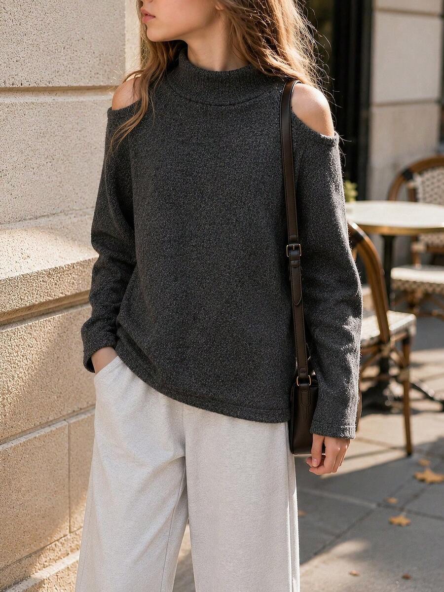 Women's And Girls' Fashion Off-Shoulder Long Sleeve Sweater, Mid-High Neck Pullover, Suitable For Autumn/Winter Wear - Black - View 1
