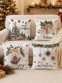 Christmas Tree Holly Ball Illustration Pattern Cushion Cover 4pcs Set, Single-Sided Printed Peach Skin Velvet Polyester Material, 45*45CM Pillowcase For Modern Fabric Sofa Indoor Decoration, Party Decor, Gift Giving - Multicolor - View 2