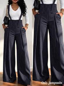 RNU Women's Navy Striped French Elegant Jumpsuit, High Waist Straight Wide Leg Loose Fit, Versatile For Daily & Office, Spaghetti Strap Overalls - Royal Blue - View 2