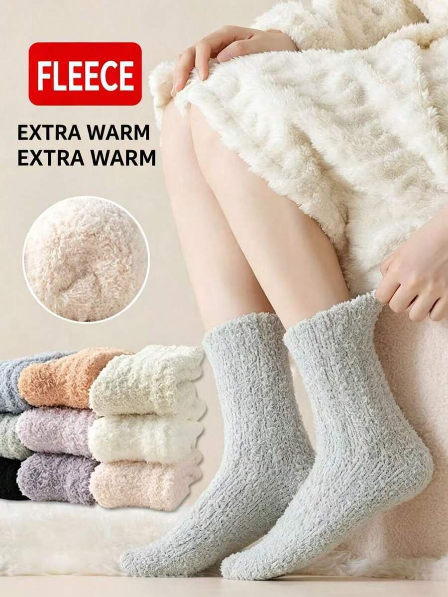 1/2/4/10 Pairs Random Men & Women Winter Solid Color Coral Fleece Thickened Warm Minimalist Sleep Mid-Calf Socks - Multicolor - View 1