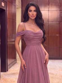 Style Elegant Spaghetti Straps Party Dress – Pleated Bust, Cross-Back Straps, Flowing Floor-Length Hem – Perfect For Weddings, Dinners, Nights - Dusty Pink - View 6