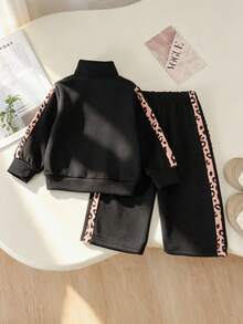 2pcs Baby Girl Casual Sports Bow Print Long Sleeve Sweatshirt & Wide Leg Pants Set, Thin Spring/Autumn - Black - View 3