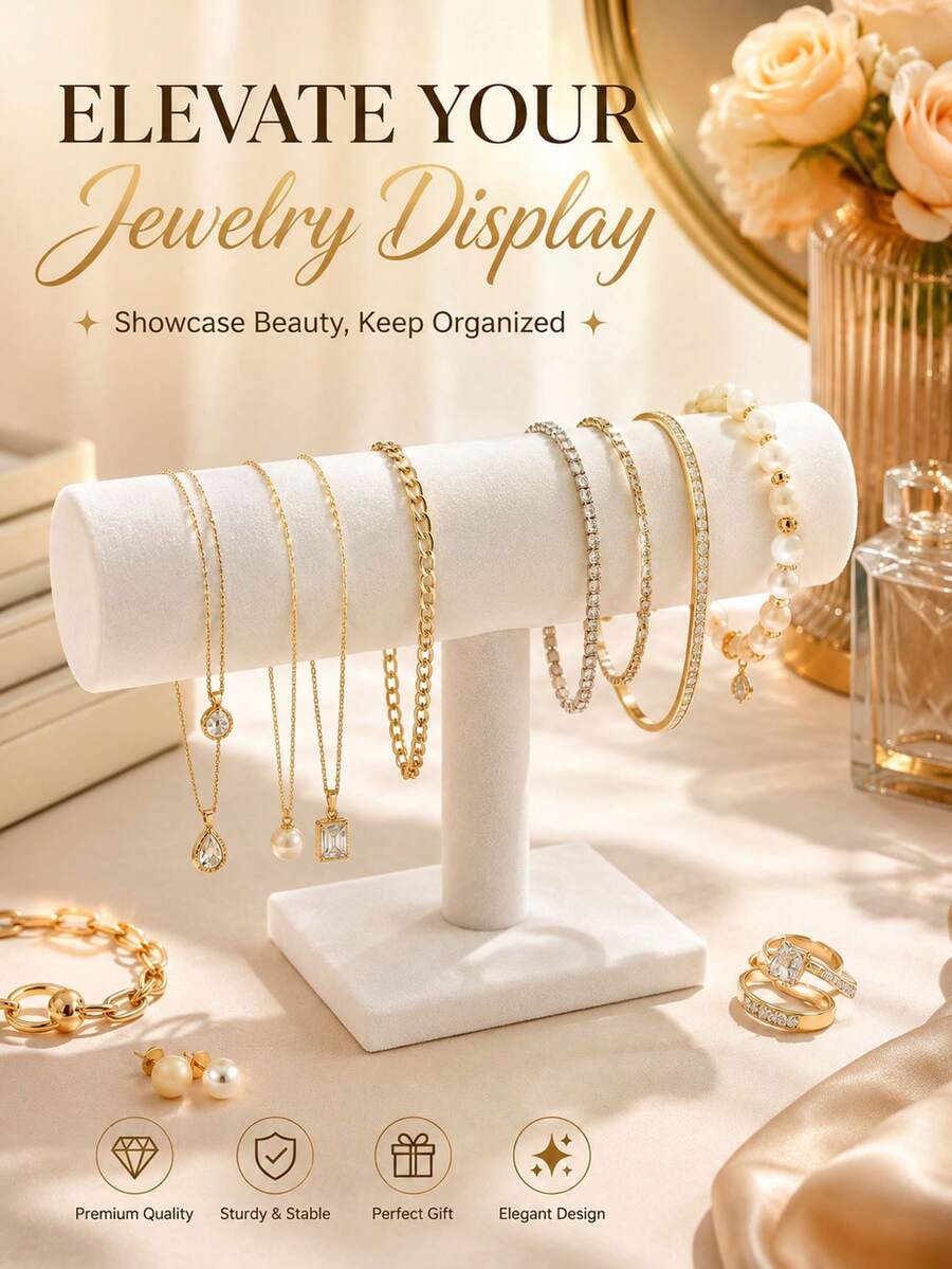 Velvet T-Shaped Jewelry Display Stand With Base Sturdy Durable Bracelet Necklace Watch Display Rack Desktop Vanity Organizer Storage Shelf Entryway Key Holder Earring Ring Accessory Display Stand Home Store Jewelry Storage Rack