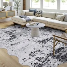 Wanfeeso Scalloped Edge Abstract Area Rug, Distressed Vintage Washable Carpet, Modern Boho Non-Slip Soft Floor Mat For Living Room Bedroom Home Decor - Light Gray - View 2