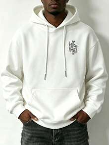 Men's Plus Size Skull Palm Tree Surfboard Back Print Hoodie, Casual Drop Shoulder Long Sleeve Pullover Sweatshirt, Suitable For Outdoor Wear, Autumn/Winter, Back To School Season - White - View 2