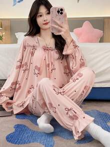2pcs/Set Women's Autumn/Winter Pajama Set, French Country Princess Style, Comfortable Breathable Loose Long Sleeve Long Pants Ditsy Floral Loungewear - Pink - View 3