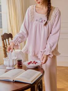 Gongdie 2 Pieces Miffy Women Fleece Pajama Sets,Winter Pink Soft Warm Loungewear With Lace Square Neckline And Ruffle Hem - Pink - View 1