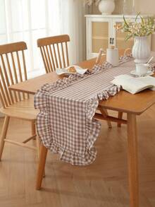 1PC French Vintage Washed Cotton Plaid Frill Trim Table Runner, Suitable For Outdoor Restaurant, Holiday Party, Garden Restaurant, Kindergarten Dining Table, Daily Home Tablecloth Decoration - Mocha Brown - View 1