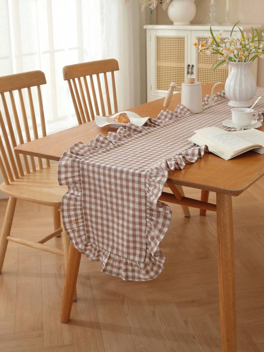 1PC French Vintage Washed Cotton Plaid Frill Trim Table Runner, Suitable For Outdoor Restaurant, Holiday Party, Garden Restaurant, Kindergarten Dining Table, Daily Home Tablecloth Decoration - Mocha Brown - View 1