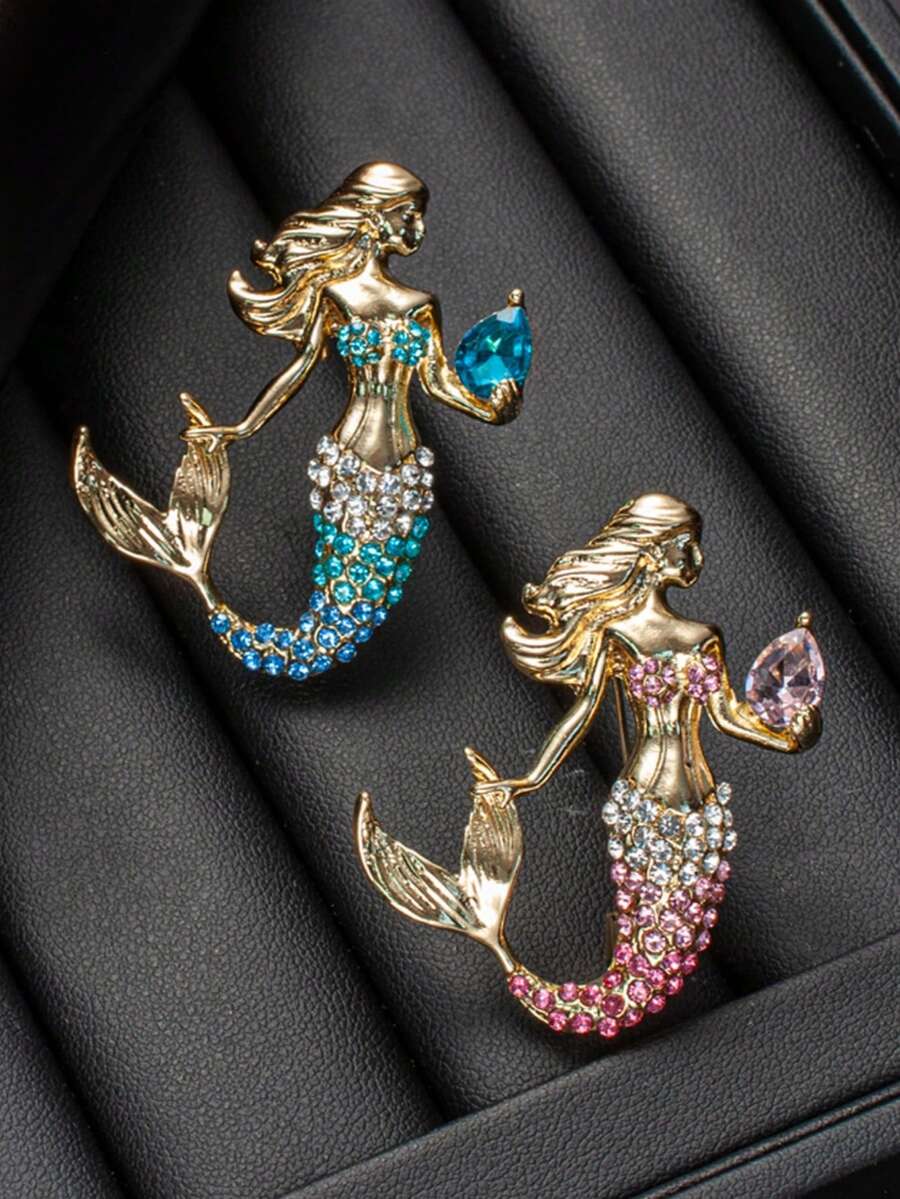 Vintage Style Rhinestone Mermaid Brooch Gradient Color Cartoon Character Accessory Pin Cross-Border Fashion Jewelry - Gold - View 1