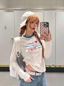 Casual Cute All-Over Polka Dot Colorblock Long Sleeve Women's Top Autumn Base Layer - White - View 4
