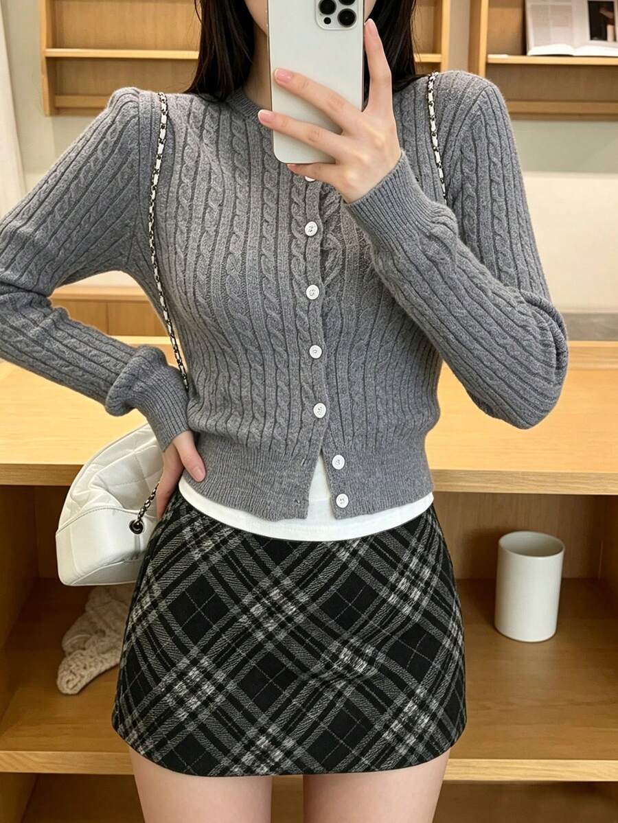 Women's New Short Cable Knit Cardigan Slim Fit Sweater Jacket Top - Grey - View 1