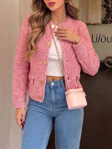 Women's Pink Knitted Long Sleeve Cropped Top With Gold Buttons, Fashionable Round Neck Sweater, Suitable For Spring And Autumn - Pink - View 8