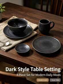 4 Sets Of Complete Ceramic Tableware, Each 4-Piece Dinner Set With Bowl, Coffee Mug, Small Plate And Large Dinner Plate, Durable And Easy-To-Clean Porcelain Dishes - Black - View 5