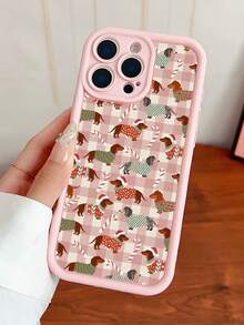 1pc Minimalist Colorful Plaid Christmas Style Dachshund Pattern Hollow Matte Full Coverage Hard Shell Phone Case, Compatible With Iphone 11/12/13/14/15/16 Pro Max/17/17 Pro/17 Pro Max/Air - Pink - View 4